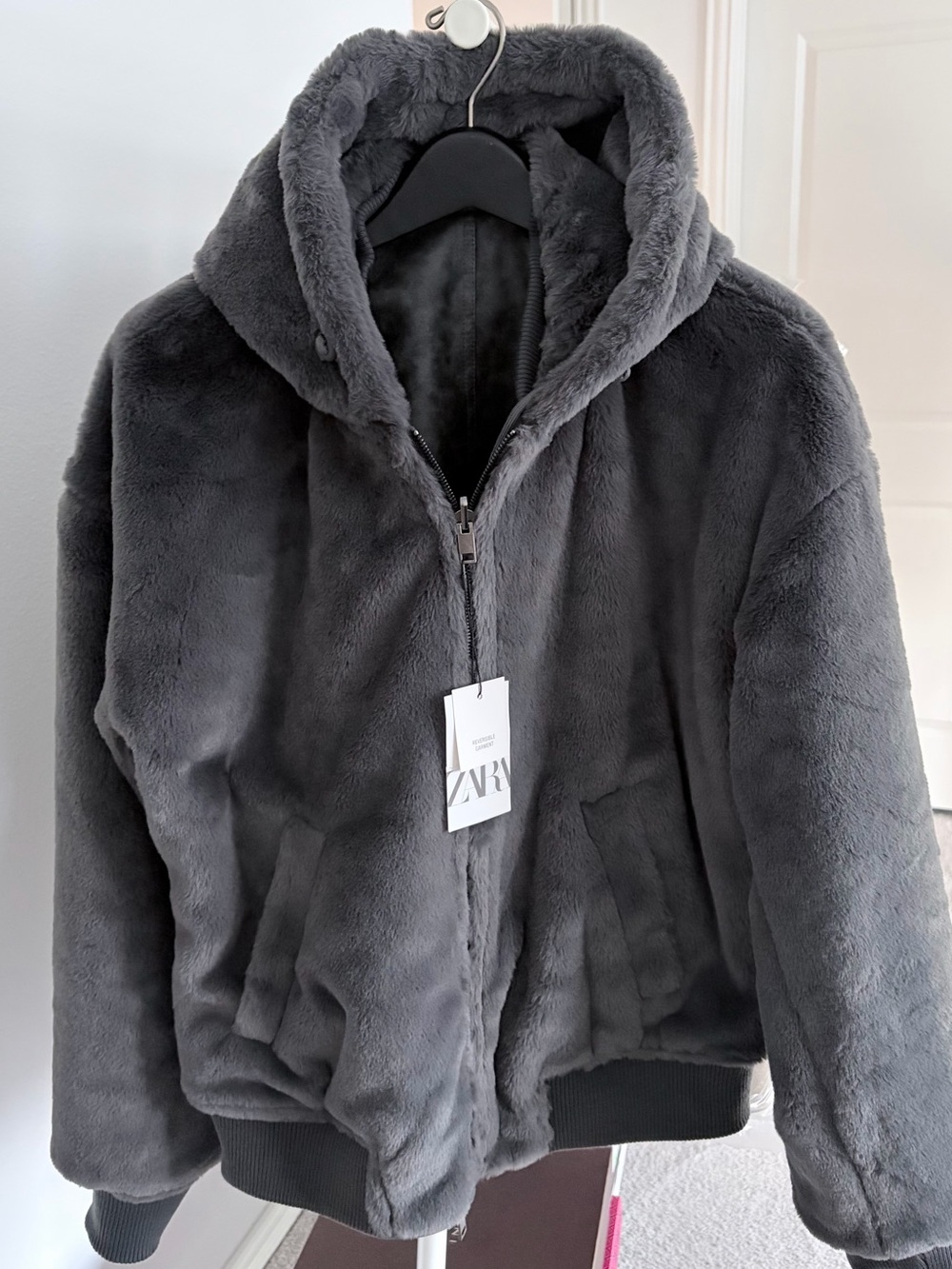 ZARA REVERSIBLE LEATHER BOMBER JACKET GRAY LARGE - Picture 7 of 14